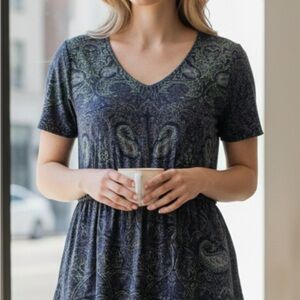 Women’s Boho Paisley Peplum Blouse Navy Blue Short Sleeve Top Size Medium NWT